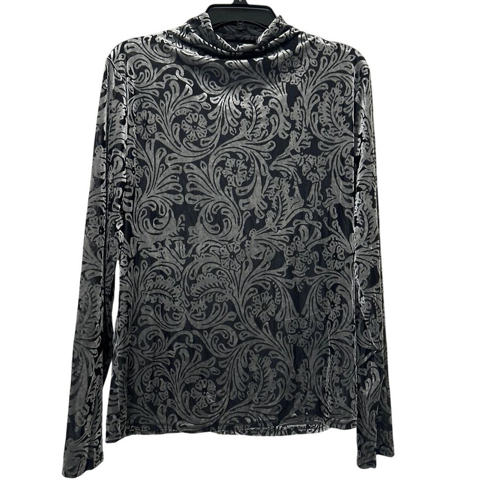 Whimsigoth Dark Romantic Velvet Burnout Scroll Mock Neck Top XL Metallic Sheer